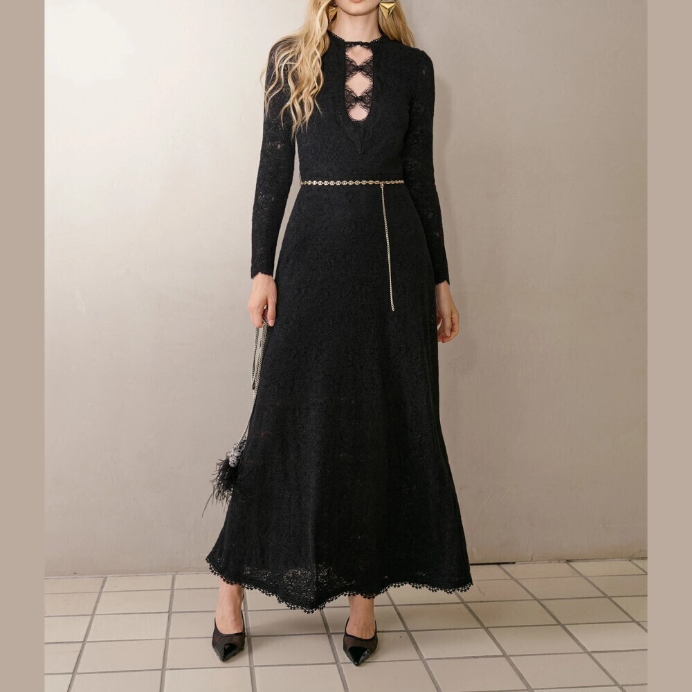 Black Lace Cutout Tie Neck Long Sleeve Scalloped Hem Maxi Dress